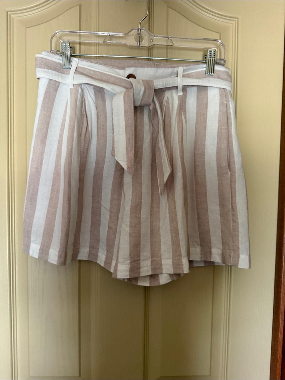 Charlie Paige White and Taupe Striped Tie-Waist Shorts
